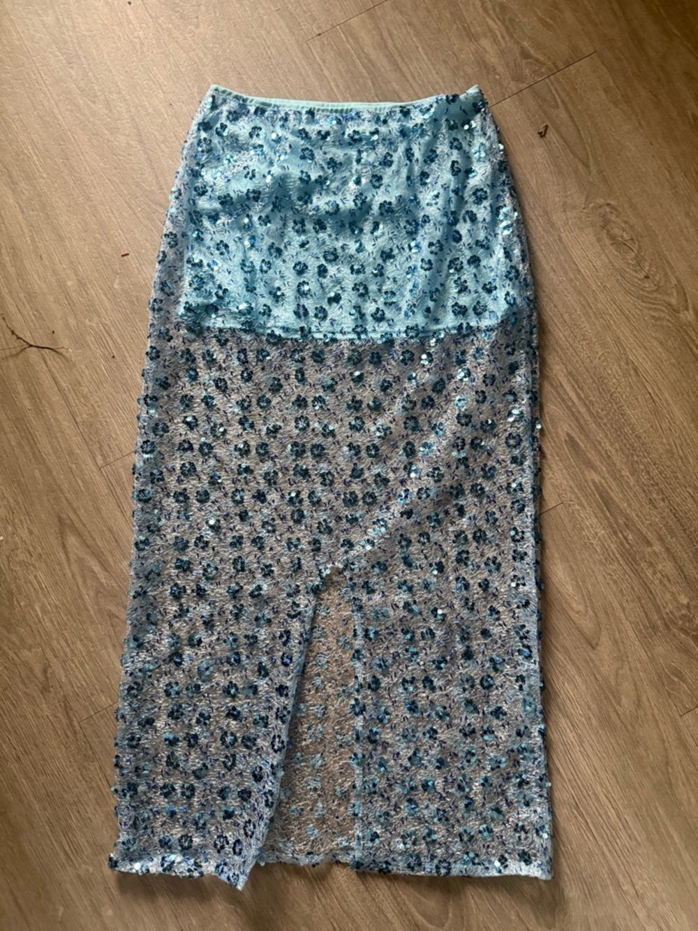 Light Blue Sequin Floral Midi Skirt